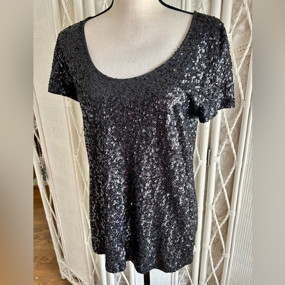 J.Crew Factory Top Black Sequin Short Sleeve Tee Sparkle Glitter size Large - Picture 3 of 16